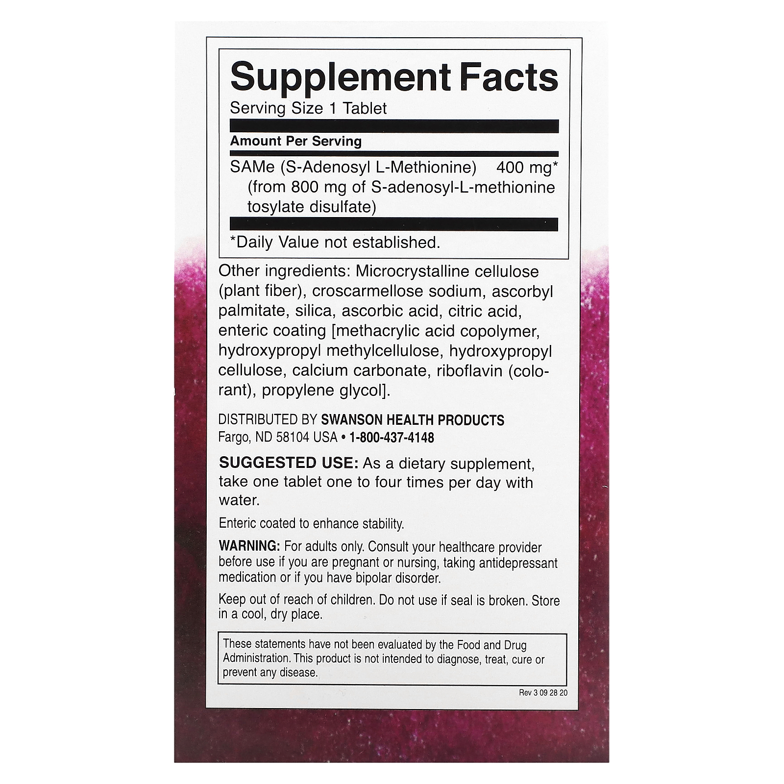 SAMe, 400 mg, 30 Tablets