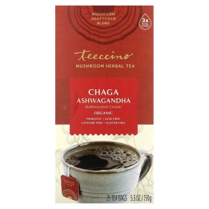Organic Mushroom Herbal Tea, Chaga Ashwagandha, Butterscotch Cream, Caffeine Free, 25 Tea Bags, 5.3 oz (150 g) Organic Mushroom Herbal Tea, Chaga Ashwagandha, Butterscotch Cream, Caffeine Free, 25 Tea Bags, 5.3 oz (150 g)
