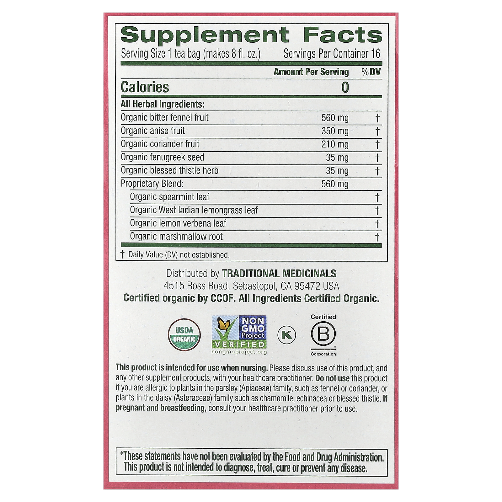 Organic Mother’s Milk®, Original with Fennel & Fenugreek, Caffeine Free, 16 Wrapped Tea Bags, 0.99 oz (28 g)