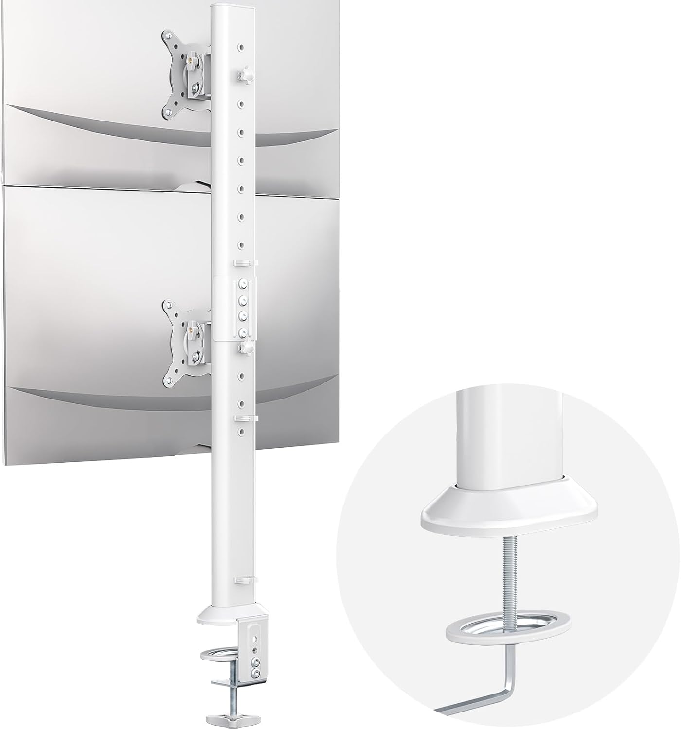 Dual Monitor Articulating Desk Mount Arm Stand – Vertical Stack Screen Supports Two 13 to 34 Inch Computer Monitors with C Clamp White Dual Monitor Articulating Desk Mount Arm Stand – Vertical Stack Screen Supports Two 13 to 34 Inch Computer Monitors with C Clamp White