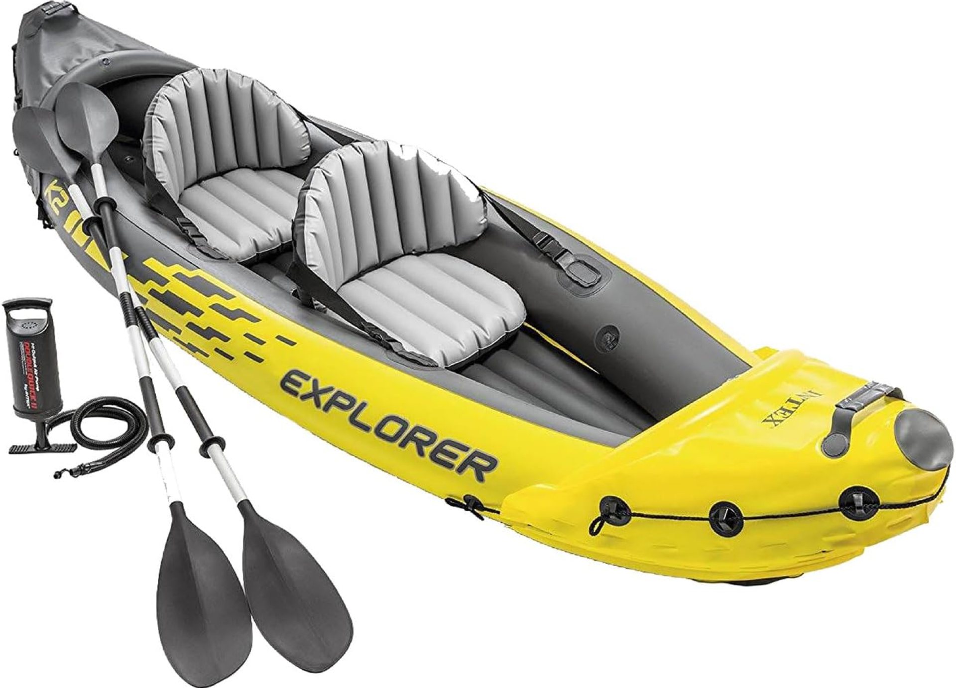 Intex 68307EP Explorer K2 Inflatable Kayak Set: Includes Deluxe 86in Aluminum Oars and High-Output Pump – SuperStrong PVC – Adjustable Seats with Backrest – 2-Person – 400lb Weight Capacity Intex 68307EP Explorer K2 Inflatable Kayak Set: Includes Deluxe 86in Aluminum Oars and High-Output Pump – SuperStrong PVC – Adjustable Seats with Backrest – 2-Person – 400lb Weight Capacity