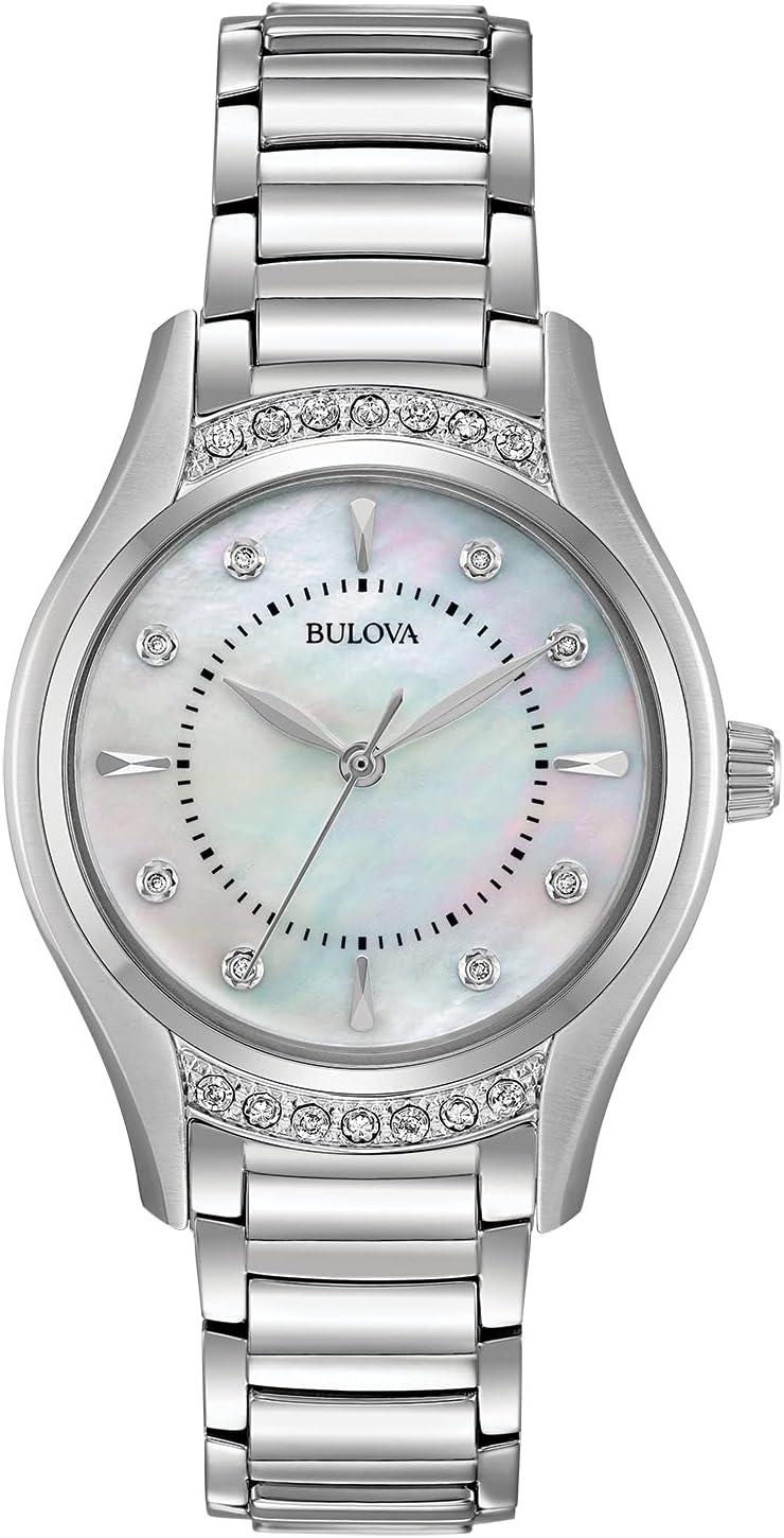 Bulova Ladies’ Classic Diamond 3-Hand Quartz Stainless Steel Watch, 16 Diamonds, Mother-of-Pearl Dial, Curved Mineral Crystal Bulova Ladies’ Classic Diamond 3-Hand Quartz Stainless Steel Watch, 16 Diamonds, Mother-of-Pearl Dial, Curved Mineral Crystal