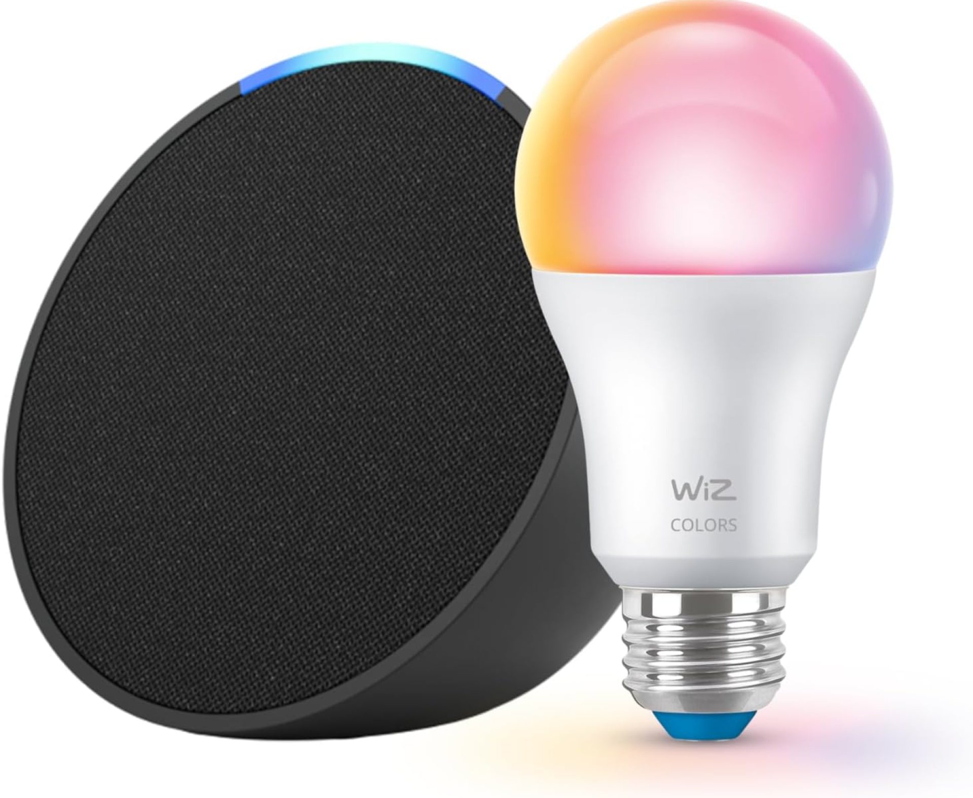 Echo Pop (newest model) with WiZ 60W A19 LED Smart Color Bulb – Connects to Your Wi-Fi – E26 Base – Control with Voice or App – Matter Compatible Echo Pop (newest model) with WiZ 60W A19 LED Smart Color Bulb – Connects to Your Wi-Fi – E26 Base – Control with Voice or App – Matter Compatible