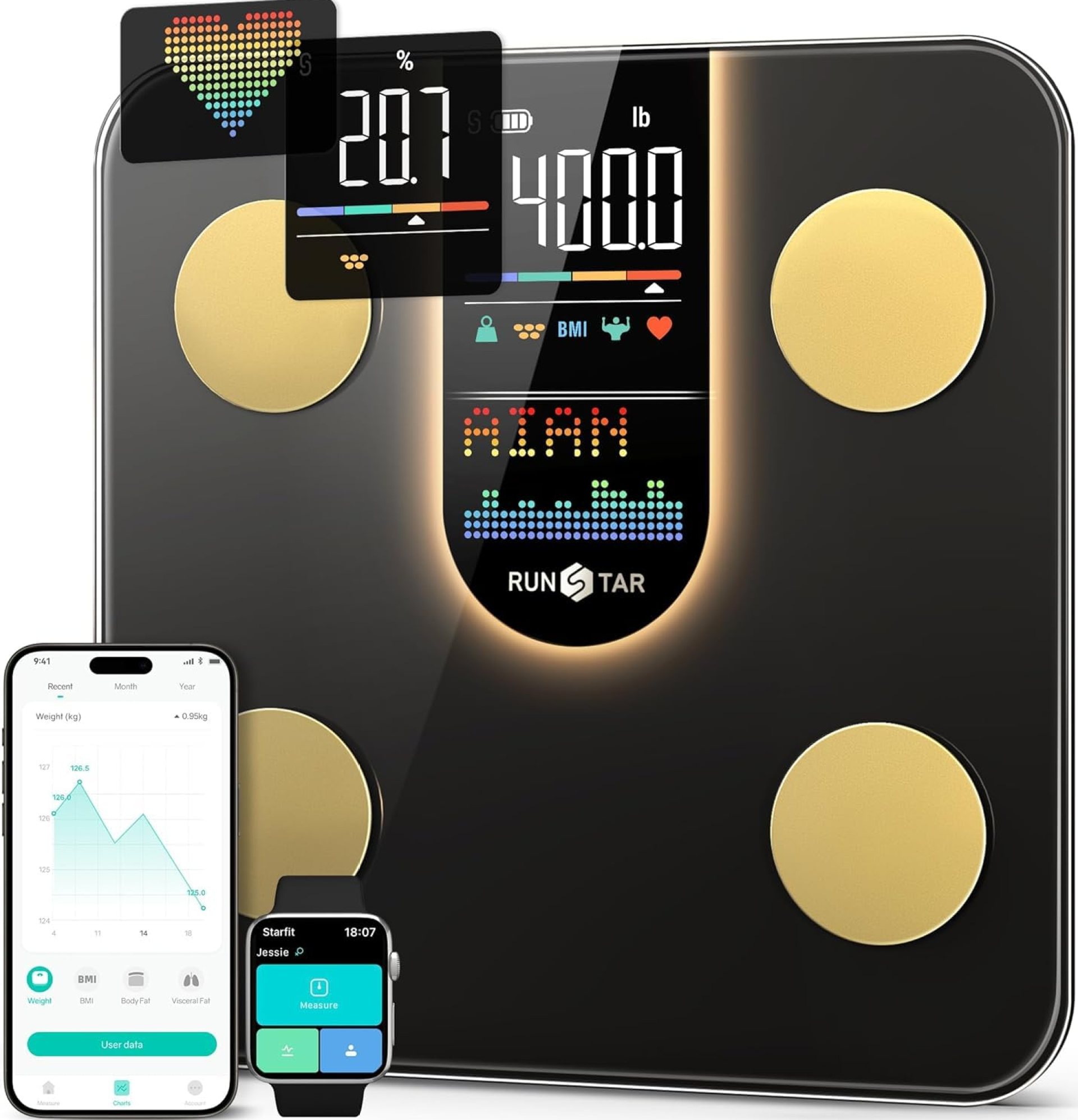 Runstar Scale for Body Weight, Smart Scale with 8-in-1 VA Display, High Precision Bathroom Digital Scale for Body Weight Heart Rate BMI Body Fat 22 Body Composition Sync APP, FSA HSA Eligible Runstar Scale for Body Weight, Smart Scale with 8-in-1 VA Display, High Precision Bathroom Digital Scale for Body Weight Heart Rate BMI Body Fat 22 Body Composition Sync APP, FSA HSA Eligible