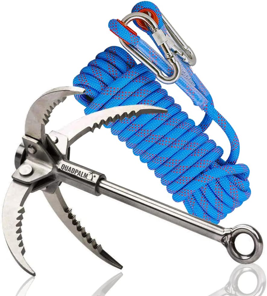 Grappling Hook with 10m Rope – Multifunctional QUADPALM Grapple Hook – 4 Stainless Steel Folding Claws – Heavy Duty – Outdoor Camping Hiking Tree Rock Mountain Climbing Equipment Grappling Hook with 10m Rope – Multifunctional QUADPALM Grapple Hook – 4 Stainless Steel Folding Claws – Heavy Duty – Outdoor Camping Hiking Tree Rock Mountain Climbing Equipment