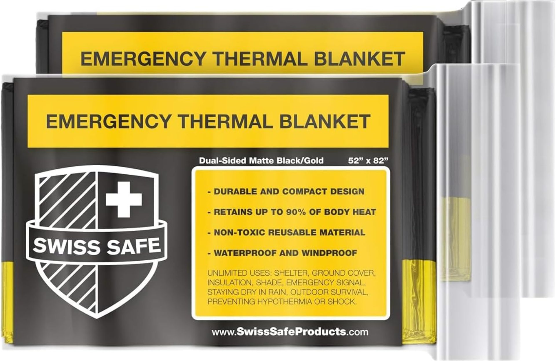 Swiss Safe 2 Pack Mylar Emergency Blankets for Survival – Compact & Insulated for Cold Weather – Designed for NASA, Outdoor, Running, Camping, Survival, First Aid Car Kit – Black & Gold, 2 Pack Swiss Safe 2 Pack Mylar Emergency Blankets for Survival – Compact & Insulated for Cold Weather – Designed for NASA, Outdoor, Running, Camping, Survival, First Aid Car Kit – Black & Gold, 2 Pack