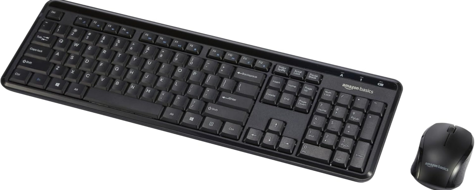 Amazon Basics 2.4GHz Wireless Computer Keyboard and Mouse Combo, Quiet and Compact US Layout (QWERTY), Black Amazon Basics 2.4GHz Wireless Computer Keyboard and Mouse Combo, Quiet and Compact US Layout (QWERTY), Black