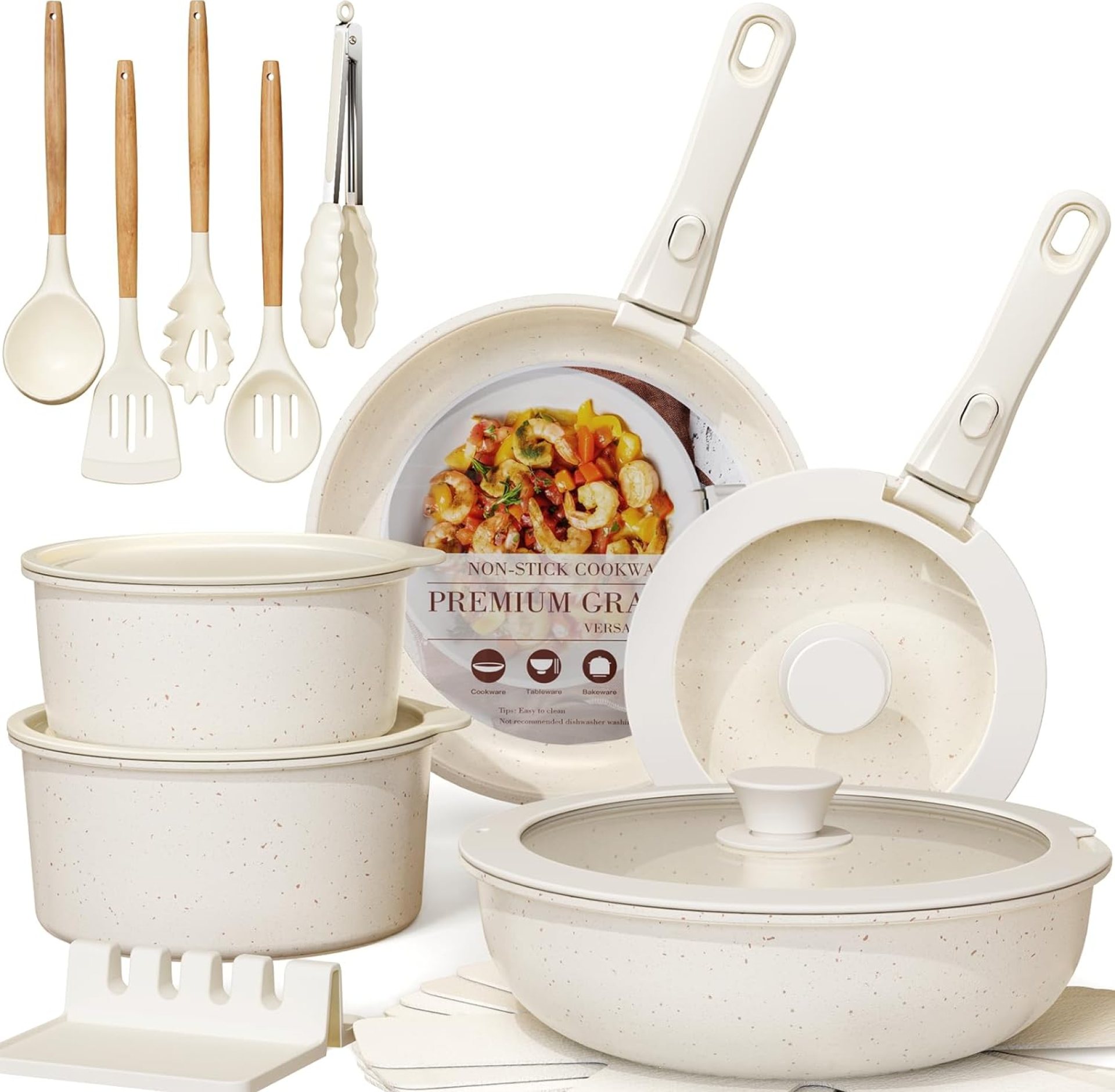 Astercook 21 Pcs Pots and Pans Set Non Stick, Ceramic Cookware Set Detachable Handle, RV Kitchen Cooking Set Removable Handles, Oven Safe, Induction Ready, Stackable Non-stick Set, Cream White Astercook 21 Pcs Pots and Pans Set Non Stick, Ceramic Cookware Set Detachable Handle, RV Kitchen Cooking Set Removable Handles, Oven Safe, Induction Ready, Stackable Non-stick Set, Cream White