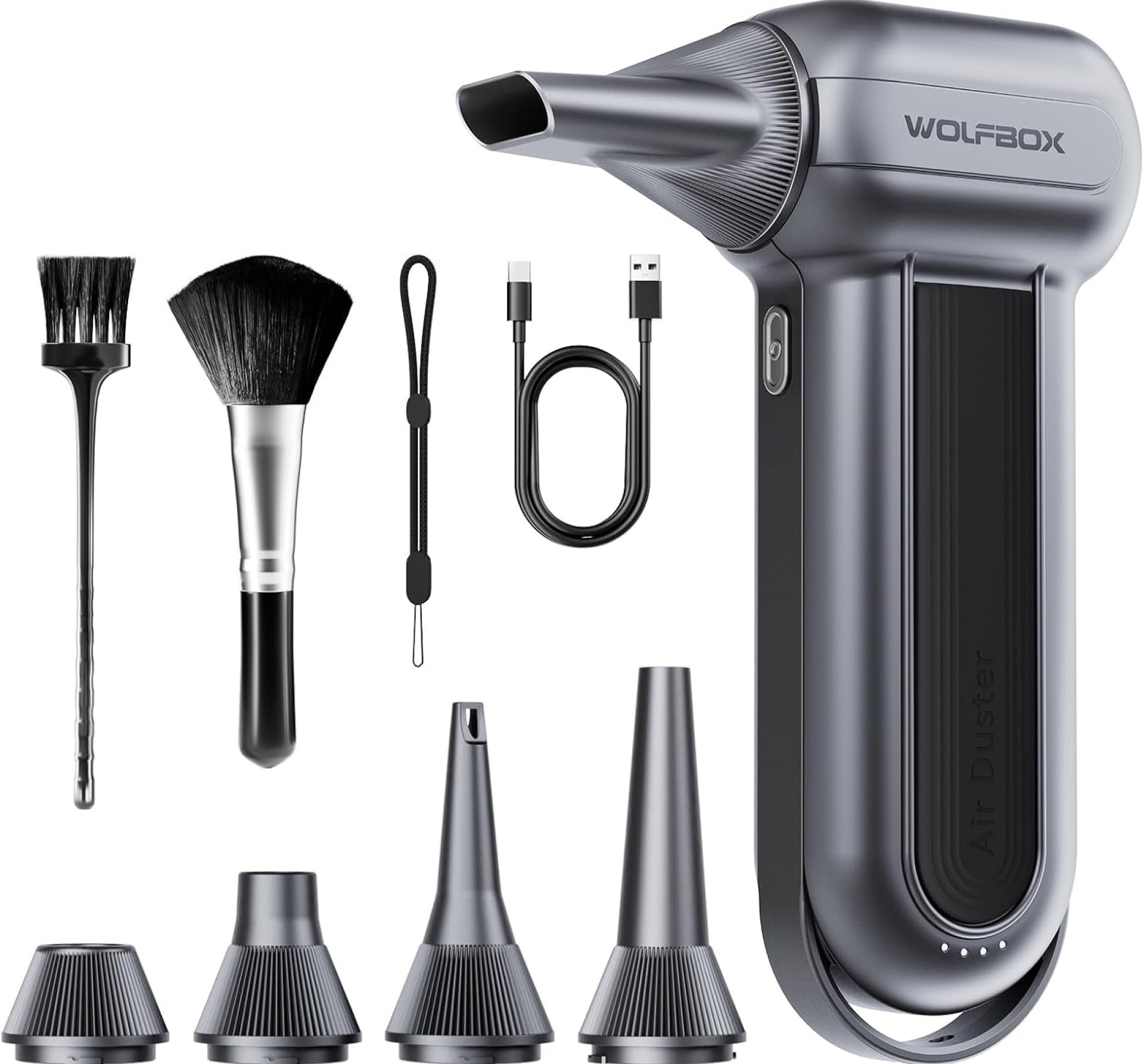 WOLFBOX MF100 Electric Air Duster-150000RPM Super Power Cordless Air Duster, Rechargeable Brushless Motor Durable Blower, 3-Gear Adjustable Dust Blower for Computer, Keyboard, Outdoor, House and Car WOLFBOX MF100 Electric Air Duster-150000RPM Super Power Cordless Air Duster, Rechargeable Brushless Motor Durable Blower, 3-Gear Adjustable Dust Blower for Computer, Keyboard, Outdoor, House and Car