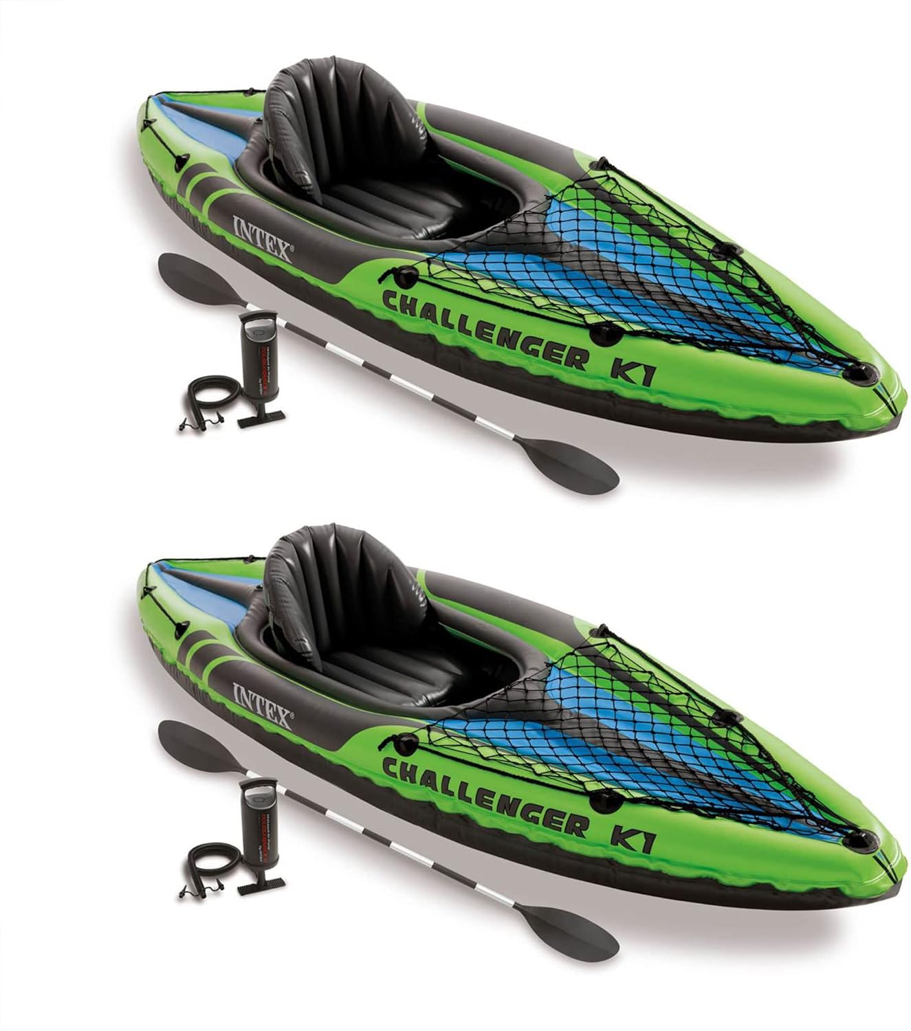 Intex Challenger K1 1 Person Durable Vinyl Streamline Sporty Kayak with Inflatable Seat and Backrest, Oar, Pump, Carrying Bag, and Repair Kit (2 Pack) Intex Challenger K1 1 Person Durable Vinyl Streamline Sporty Kayak with Inflatable Seat and Backrest, Oar, Pump, Carrying Bag, and Repair Kit (2 Pack)