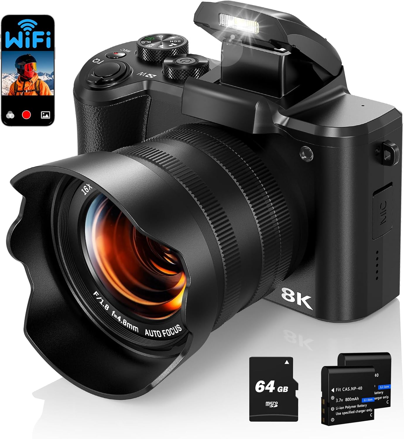 8K Digital Camera for Photography, 88MP Autofocus WiFi Vlogging Camera for YouTube Video with Front and Rear Lens, Flash, Touch Screen, Lens Hood, 64GB Card, 2 Batteries(Black) 8K Digital Camera for Photography, 88MP Autofocus WiFi Vlogging Camera for YouTube Video with Front and Rear Lens, Flash, Touch Screen, Lens Hood, 64GB Card, 2 Batteries(Black)