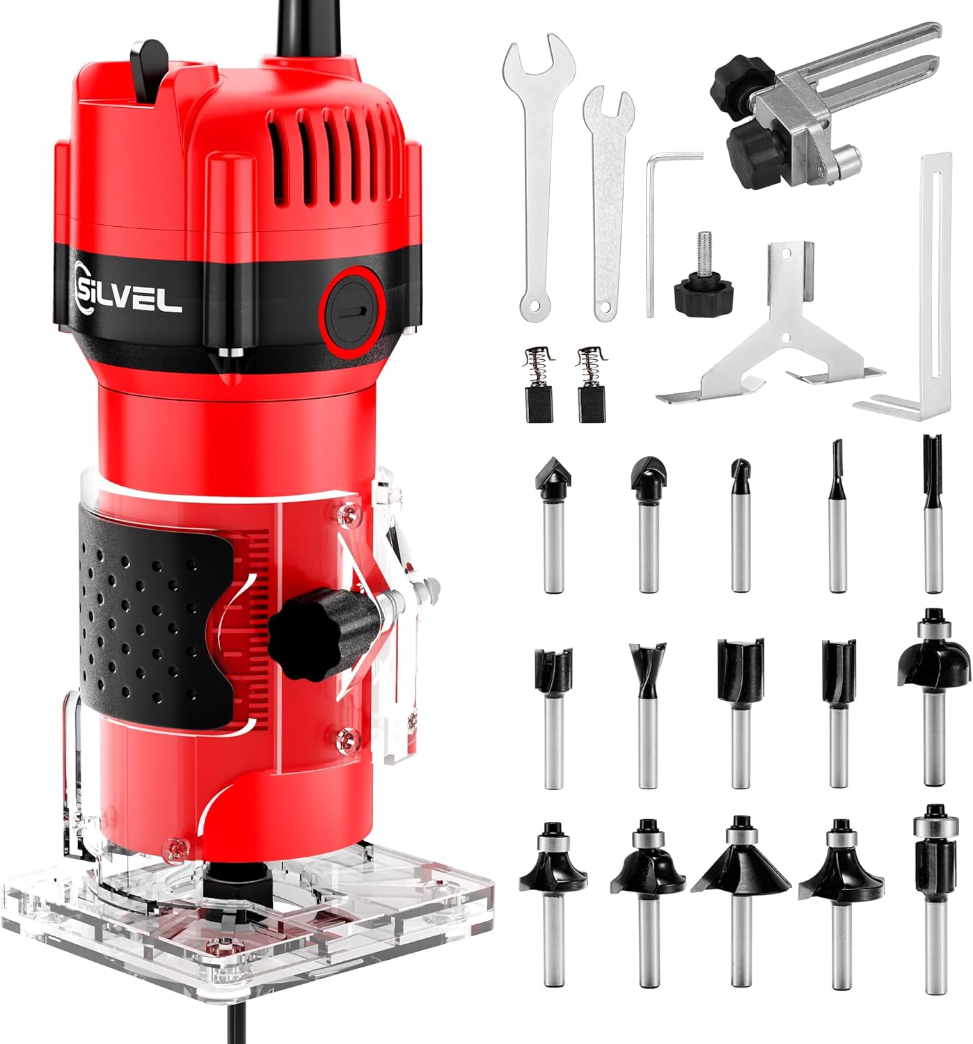 SILVEL Wood Router, 800W Wood Routers for Woodworking, 6.5Amp 1.25HP Hand Wood Router Tool, 30000R/MIN Compact Edge Trimmer with 15 1/4″ Router Bit Set, Red SILVEL Wood Router, 800W Wood Routers for Woodworking, 6.5Amp 1.25HP Hand Wood Router Tool, 30000R/MIN Compact Edge Trimmer with 15 1/4″ Router Bit Set, Red
