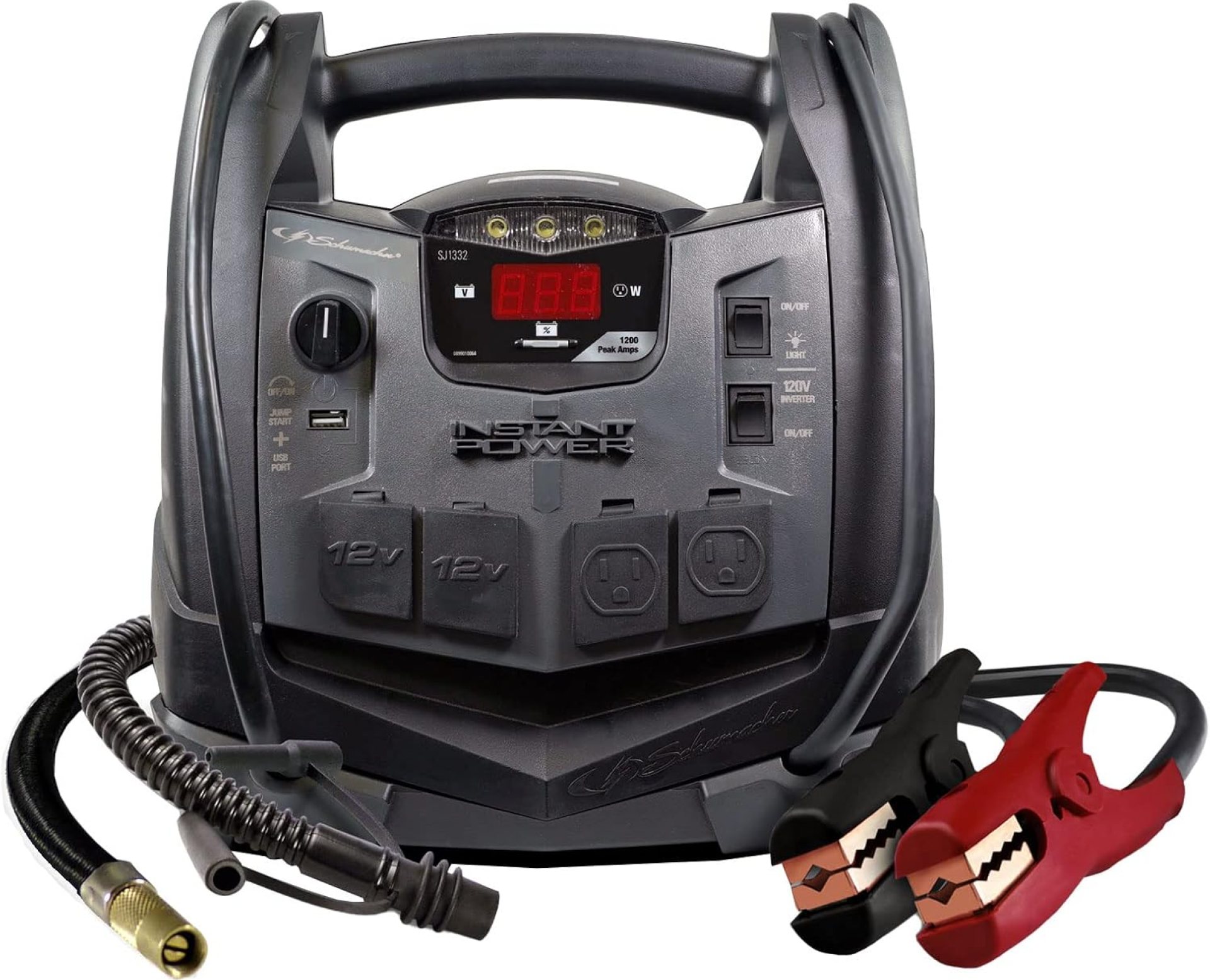Schumacher Electric Jump Starter and Portable Power Station, SJ1332, 6-in-1, 1200 Peak Amps, 12 Volts, 150-PSI Air Compressor, 200 Continuous Watt Power Inverter, 5 Outlets – DC, AC and USB Schumacher Electric Jump Starter and Portable Power Station, SJ1332, 6-in-1, 1200 Peak Amps, 12 Volts, 150-PSI Air Compressor, 200 Continuous Watt Power Inverter, 5 Outlets – DC, AC and USB