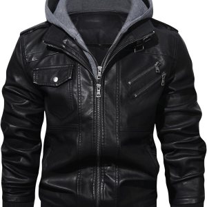 HOOD CREW Men’s Casual Stand Collar PU Faux Leather...