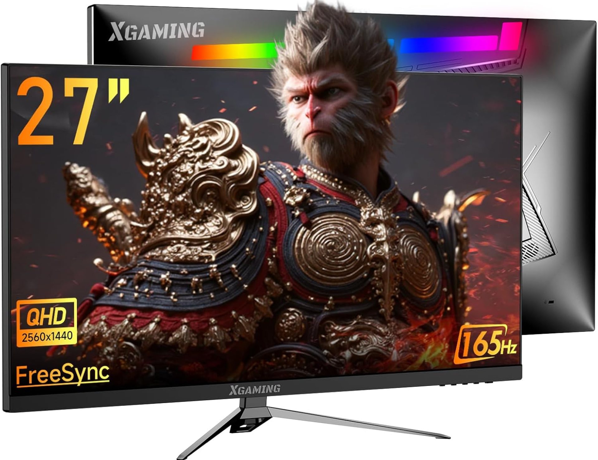 27 inch Gaming Monitor, QHD 2560 * 1440p, 144Hz/165Hz 98% sRGB, 1ms, FreeSync, Dual HDMI&DisplayPort, Built-in Speakers and LED Rainbow Light, Frameless IPS Screen, VESA Mountable, Black 27 inch Gaming Monitor, QHD 2560 * 1440p, 144Hz/165Hz 98% sRGB, 1ms, FreeSync, Dual HDMI&DisplayPort, Built-in Speakers and LED Rainbow Light, Frameless IPS Screen, VESA Mountable, Black