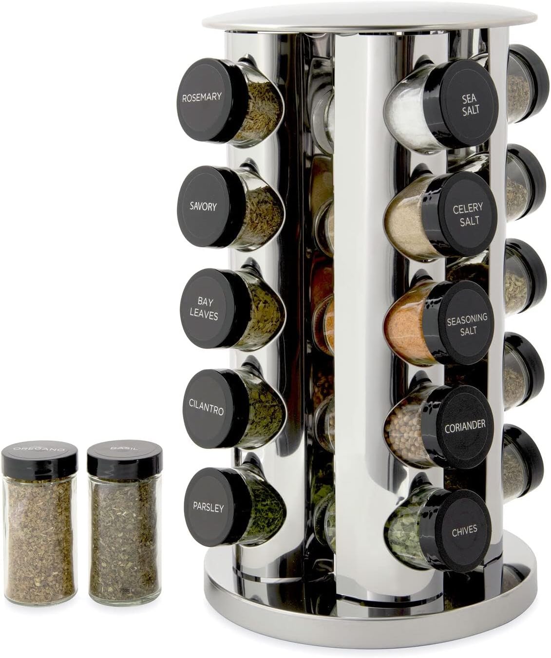 Kamenstein 20 Jar Revolving Countertop Spice Rack with Spices Included, FREE Spice Refills for 5 Years, Polished Stainless Steel with Black Caps, 30020 Kamenstein 20 Jar Revolving Countertop Spice Rack with Spices Included, FREE Spice Refills for 5 Years, Polished Stainless Steel with Black Caps, 30020