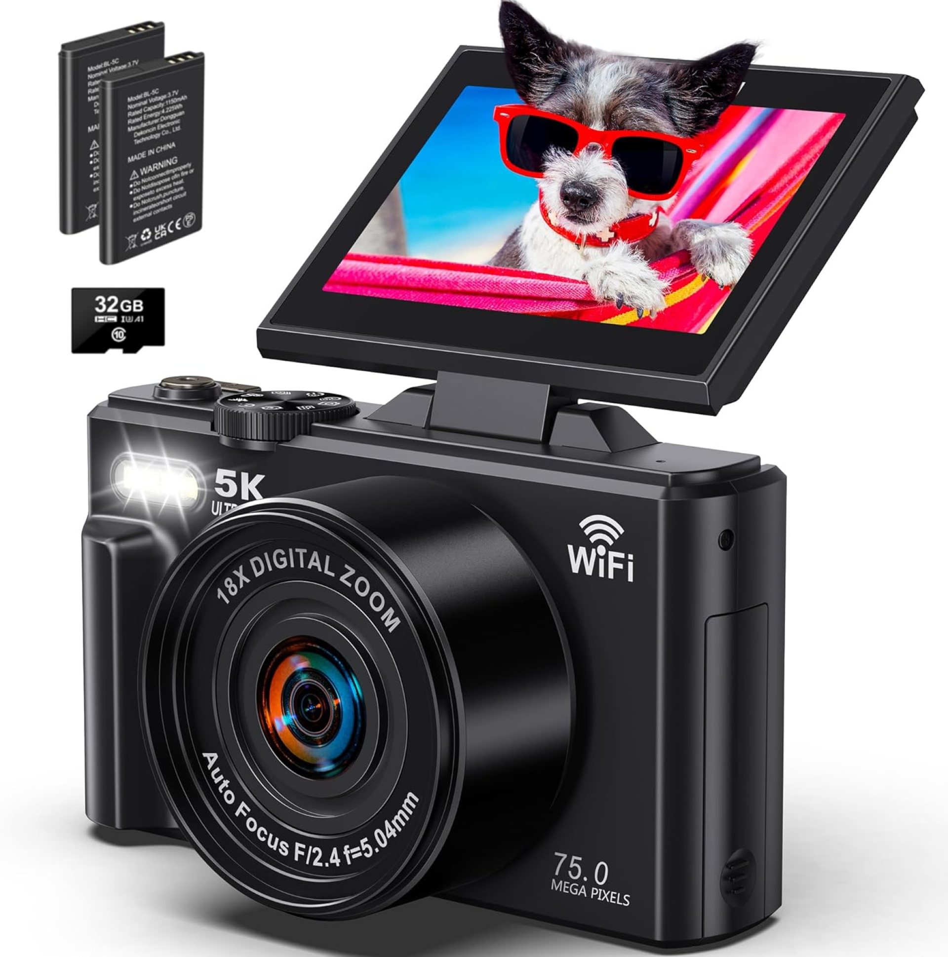 5K Digital Camera for Photography – WiFi 75MP Vlogging Cameras for YouTube – UHD Autofocus Video Camera 3″ 180° Flip Screen with 18X Zoom – Compact Vlog Travel Camara with 32GB SD Card, 2 Batteries 5K Digital Camera for Photography – WiFi 75MP Vlogging Cameras for YouTube – UHD Autofocus Video Camera 3″ 180° Flip Screen with 18X Zoom – Compact Vlog Travel Camara with 32GB SD Card, 2 Batteries