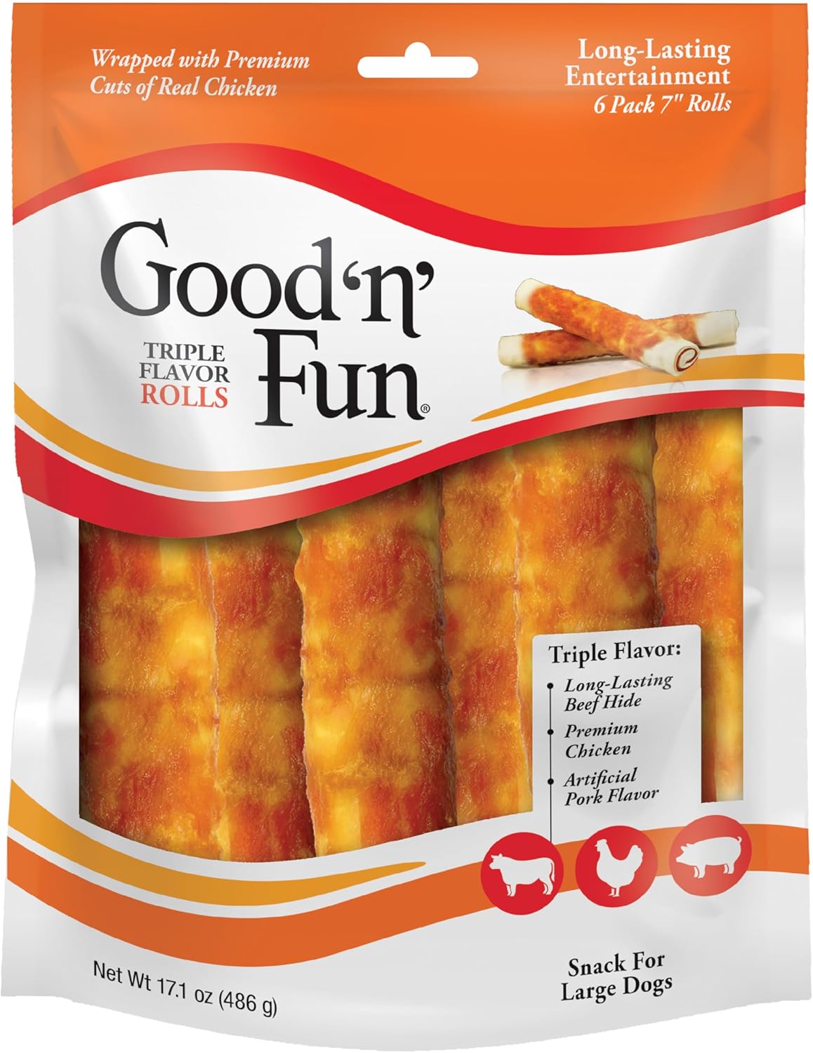 Good ‘n’ Fun Triple Flavor Rolls for Large Dogs, Treat Your Dog to Long-Lasting Chews Made with Beef Hide, Chicken and Artificial Pork Flavor, 6 Count Good ‘n’ Fun Triple Flavor Rolls for Large Dogs, Treat Your Dog to Long-Lasting Chews Made with Beef Hide, Chicken and Artificial Pork Flavor, 6 Count