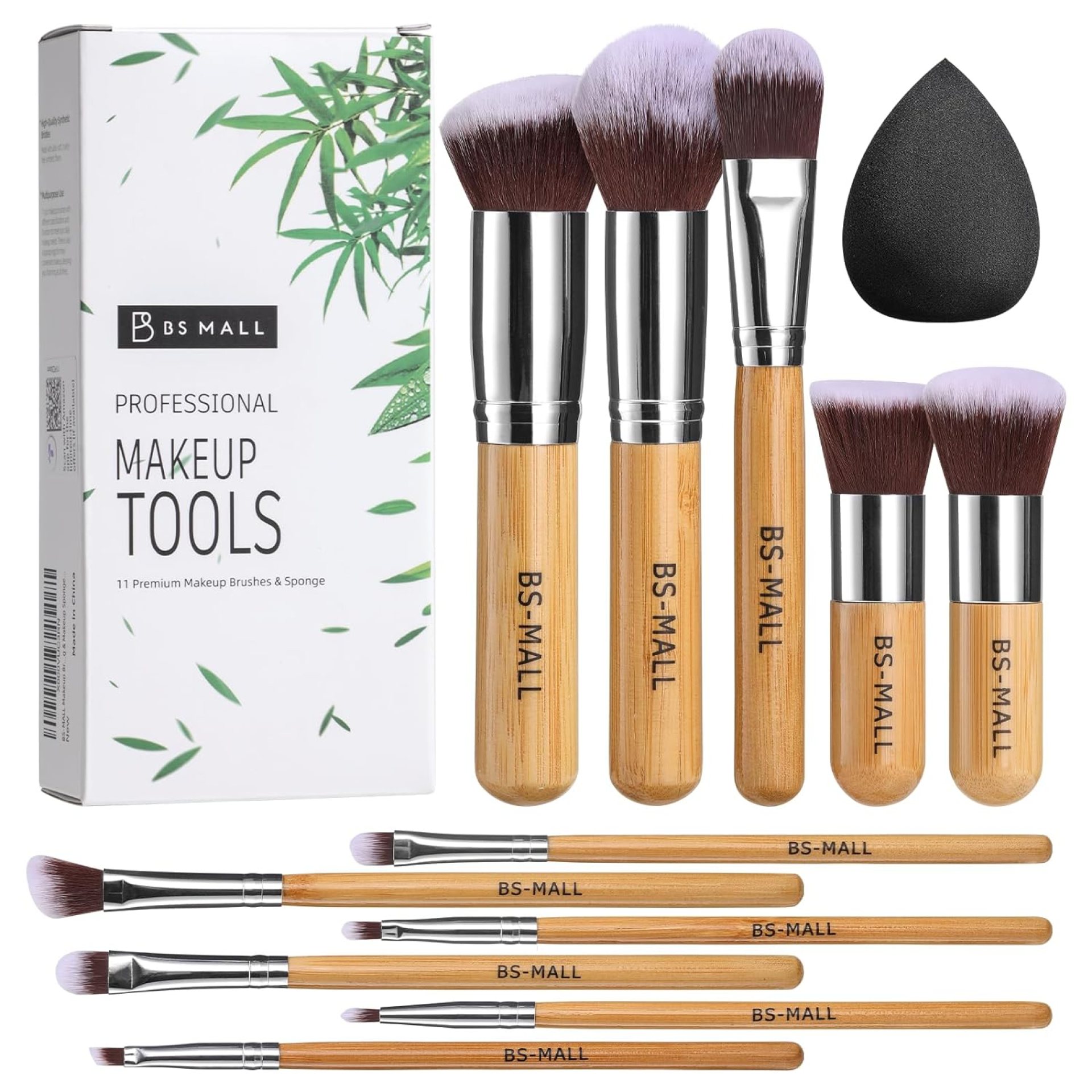 BS-MALL Makeup Brush Set 11Pcs Bamboo Synthetic Kabuki Brush Set Foundation Powder Blending Concealer Eye shadows Blush Cosmetics Brushes with Organizer Bag & Makeup Sponge BS-MALL Makeup Brush Set 11Pcs Bamboo Synthetic Kabuki Brush Set Foundation Powder Blending Concealer Eye shadows Blush Cosmetics Brushes with Organizer Bag & Makeup Sponge