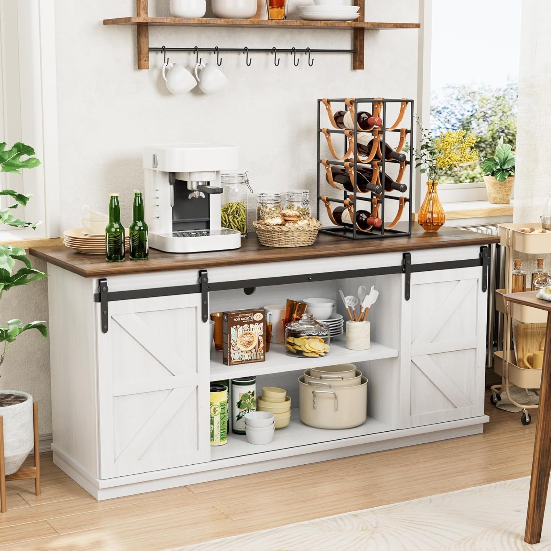 Shahoo Farmhouse Sideboard Buffet Cabinet, Coffee Bar Storage with Sliding Barn Doors, Shelf for Home Dining Room, White Shahoo Farmhouse Sideboard Buffet Cabinet, Coffee Bar Storage with Sliding Barn Doors, Shelf for Home Dining Room, White