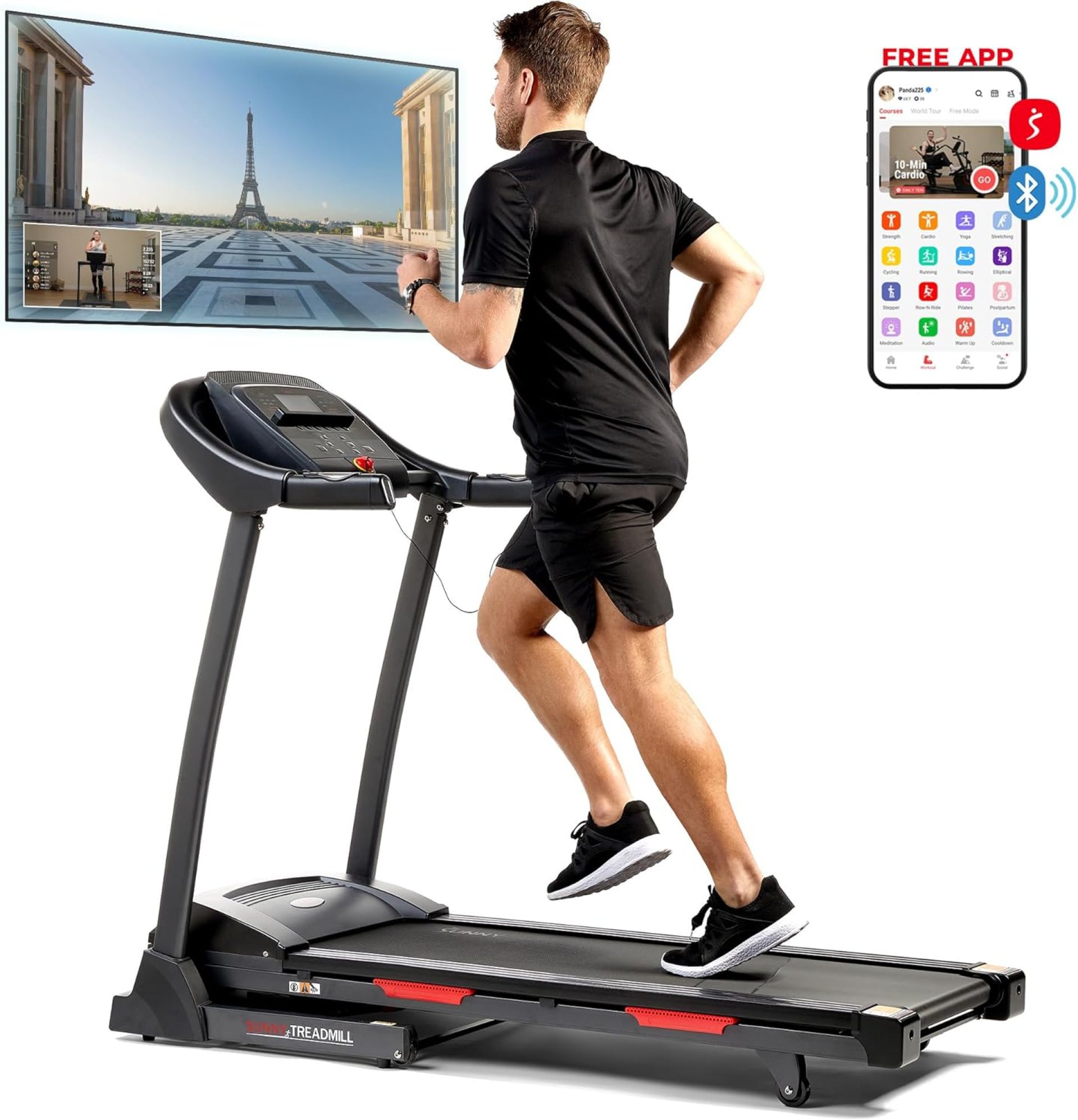 Sunny Health & Fitness Premium Folding Treadmill for Home with Adjustable Incline, Shock Absorption, Digital Monitor, Pulse Sensors, Speed Buttons, Optional Free SunnyFit App Bluetooth Connection Sunny Health & Fitness Premium Folding Treadmill for Home with Adjustable Incline, Shock Absorption, Digital Monitor, Pulse Sensors, Speed Buttons, Optional Free SunnyFit App Bluetooth Connection