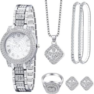7 Pcs Luxury Women Watch and Bracelet Set Elegant Rhinestone...