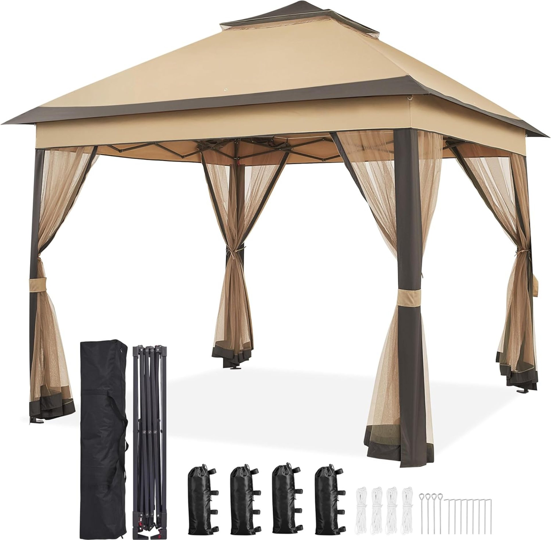 Yaheetech 11×11 Pop Up Gazebo Outdoor Canopy Shelter, Instant Patio Gazebo Sun Shade Canopy Tent with 4 Sandbags, Double Tiers & Mesh Netting for Lawn, Garden, Backyard & Deck, Khaki Yaheetech 11×11 Pop Up Gazebo Outdoor Canopy Shelter, Instant Patio Gazebo Sun Shade Canopy Tent with 4 Sandbags, Double Tiers & Mesh Netting for Lawn, Garden, Backyard & Deck, Khaki