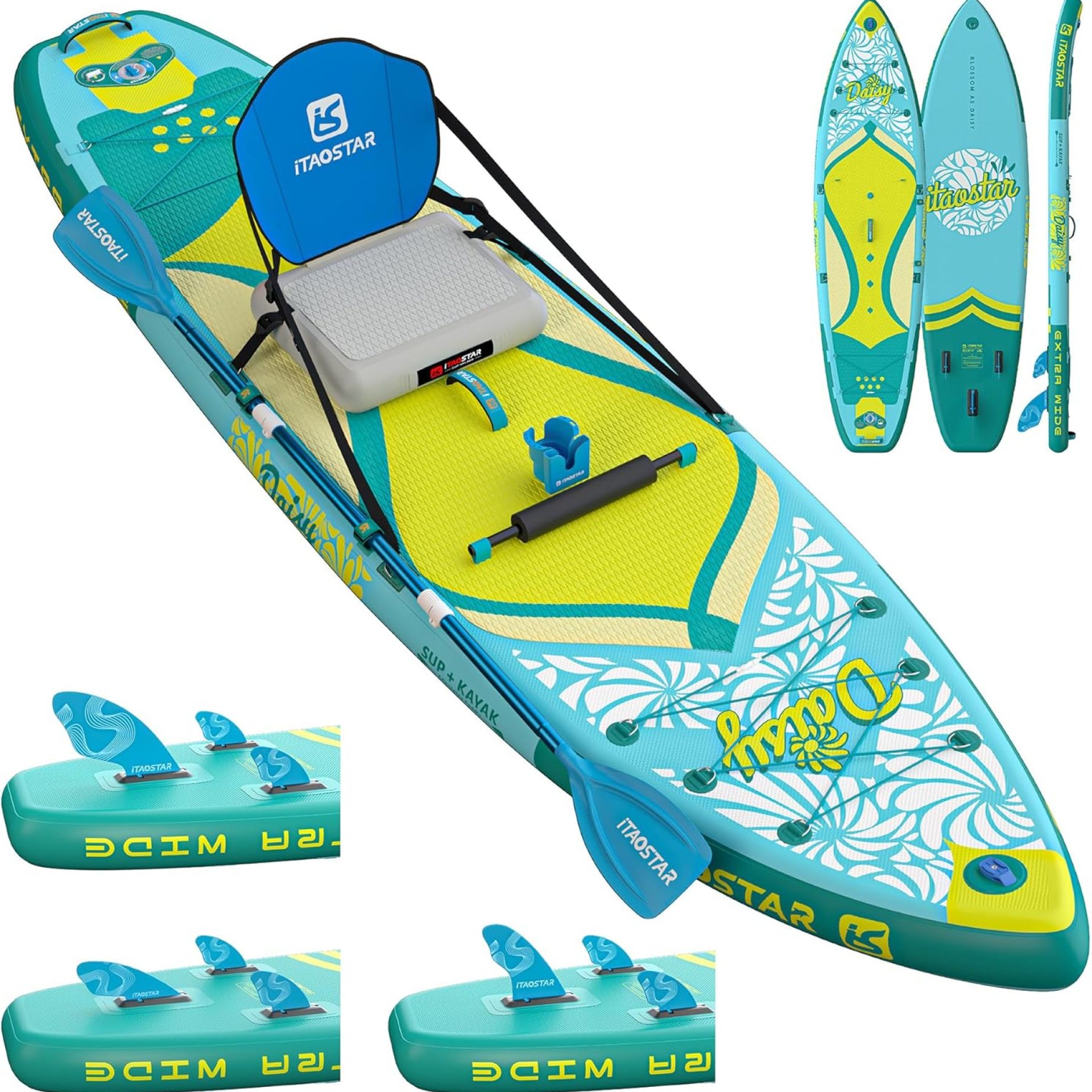 Daisy 11’6’×34″ / 35” Extra Wide Paddle Board with Seat, One-stop Premium SUP Board Accessories, Tailored 5 Fins, Stable Inflatable Stand Up Paddle Boards for Youth/Adults of All Skill Levels Daisy 11’6’×34″ / 35” Extra Wide Paddle Board with Seat, One-stop Premium SUP Board Accessories, Tailored 5 Fins, Stable Inflatable Stand Up Paddle Boards for Youth/Adults of All Skill Levels