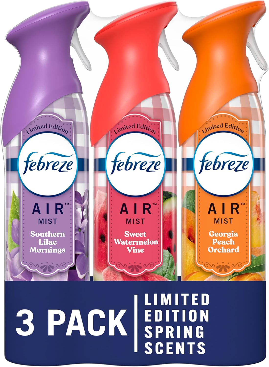 Febreze Air Mist Air Freshener Spray, Odor-Fighting Room Spray for Home, Bathroom and Kitchen, Aerosol Can, Southern Lilac Mornings, Georgia Peach Orchard, Sweet Watermelon Vine Scent, 8.8oz, 3 Count Febreze Air Mist Air Freshener Spray, Odor-Fighting Room Spray for Home, Bathroom and Kitchen, Aerosol Can, Southern Lilac Mornings, Georgia Peach Orchard, Sweet Watermelon Vine Scent, 8.8oz, 3 Count