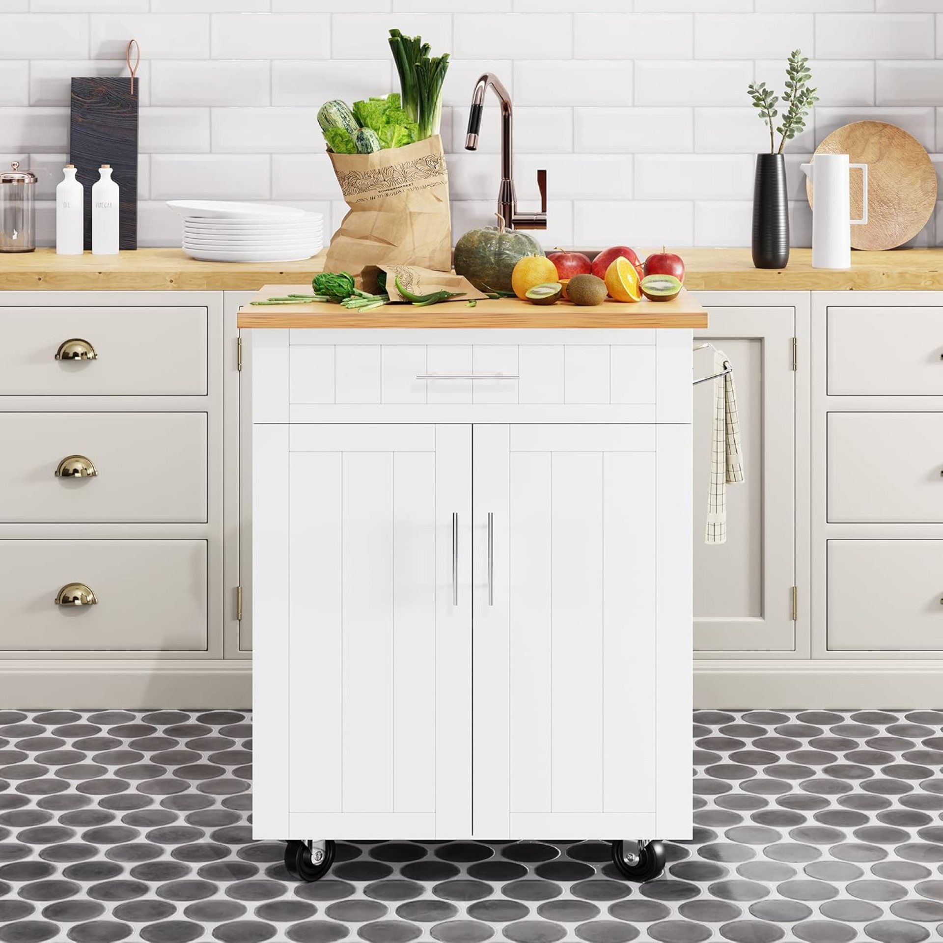 Shintenchi Kitchen Island Cart with Storage,Rolling Side Table on Wheels with Large Worktop, Cabinet,Towel Rack and Drawers for Kitchen,Dinning Room, White Shintenchi Kitchen Island Cart with Storage,Rolling Side Table on Wheels with Large Worktop, Cabinet,Towel Rack and Drawers for Kitchen,Dinning Room, White