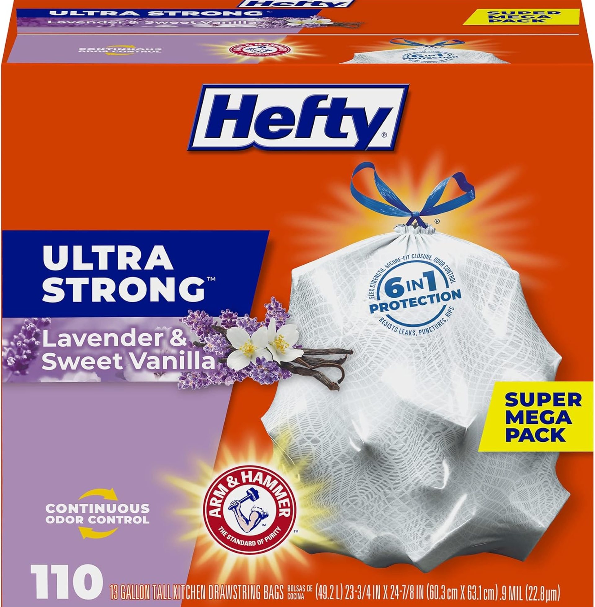 Hefty Ultra Strong 13 Gallon Trash Bags, Tall Kitchen Trash Bags 13 Gallon Size, Drawstring Closure, Continuous Odor Control, White, Lavender and Sweet Vanilla Scent, 110 Bags Hefty Ultra Strong 13 Gallon Trash Bags, Tall Kitchen Trash Bags 13 Gallon Size, Drawstring Closure, Continuous Odor Control, White, Lavender and Sweet Vanilla Scent, 110 Bags