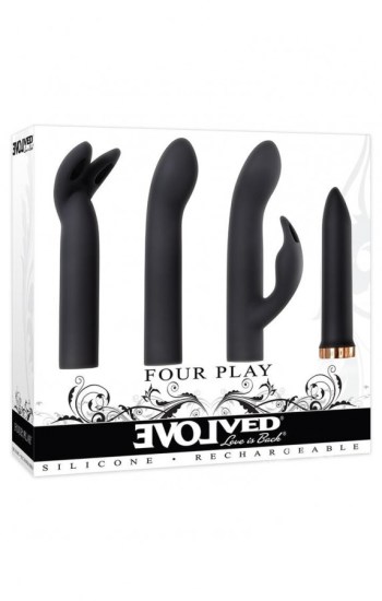 Four Play Rechargeable Bullet With 3 Silicone Sleeves Kit Black Four Play Rechargeable Bullet With 3 Silicone Sleeves Kit Black