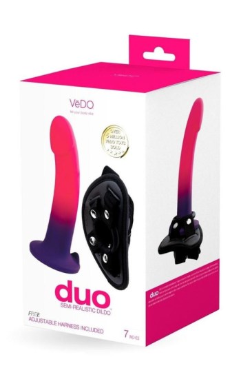 VeDO Duo Silicone Dildo with Harness – Pink/Purple VeDO Duo Silicone Dildo with Harness – Pink/Purple