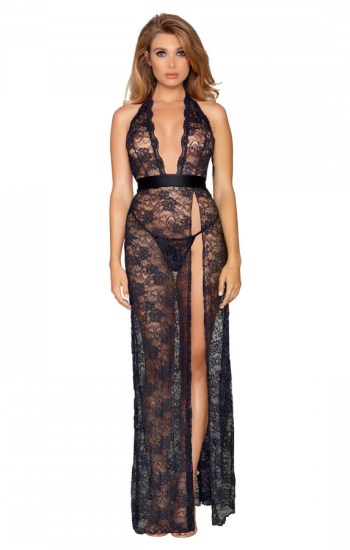 Lace Halter Gown Set with Scalloped-Edge Trim & High Side Slit Detail Lace Halter Gown Set with Scalloped-Edge Trim & High Side Slit Detail
