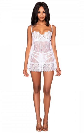 Eyelash Lace Babydoll & G-String Set with Underwire Balconette Bra Support Eyelash Lace Babydoll & G-String Set with Underwire Balconette Bra Support