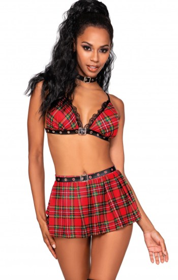 Naughty Schoolgirl-Themed Plaid Bralette Mini Skirt & Choker Set with Leather Trim Details Naughty Schoolgirl-Themed Plaid Bralette Mini Skirt & Choker Set with Leather Trim Details