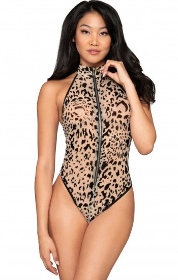 Flocked Cheetah Print Mesh Teddy with High-Neck Halter Neckline Flocked Cheetah Print Mesh Teddy with High-Neck Halter Neckline