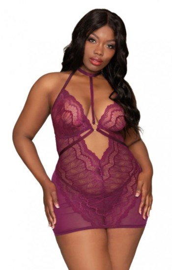 Contemporary Lace & Mesh Chemise Set with Halter Neckline Contemporary Lace & Mesh Chemise Set with Halter Neckline