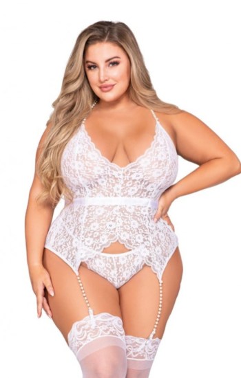 Stretch Lace Halter Bustier & G-String Set with Pearl Trim Stretch Lace Halter Bustier & G-String Set with Pearl Trim