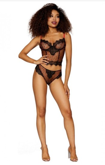 Flocked Heart Mesh and Eyelash Lace Trim Bustier Flocked Heart Mesh and Eyelash Lace Trim Bustier