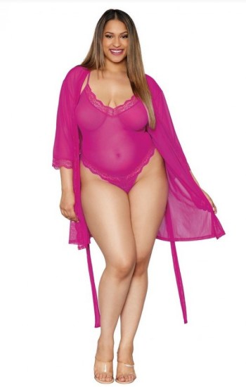 Stretch Mesh Teddy and Robe Set With Lace Trim Details Stretch Mesh Teddy and Robe Set With Lace Trim Details