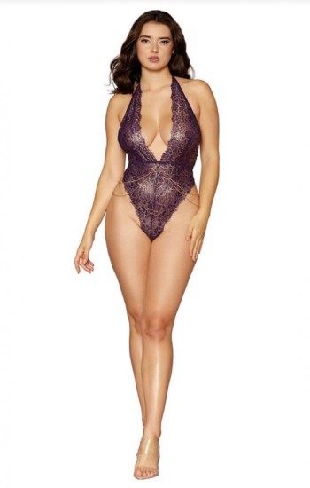 Gold Foil Stretch Lace Halter Teddy Gold Foil Stretch Lace Halter Teddy