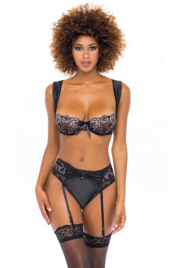 Ruched Satin Shelf Bra and Galloon Lace Details and Matching Garterbelt and Panty Ruched Satin Shelf Bra and Galloon Lace Details and Matching Garterbelt and Panty