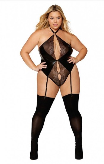 Faux Leather and Stretch Lace Garter Teddy Faux Leather and Stretch Lace Garter Teddy