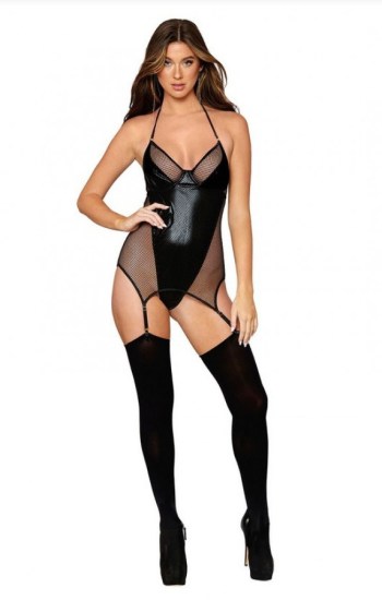 Two Layer Stretch Fishnet Garter Slip w/Faux-Vinyl Inside Teddy Two Layer Stretch Fishnet Garter Slip w/Faux-Vinyl Inside Teddy