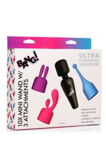Bang! 10X Mini Wand Set Rechargeable Silicone Vibrator with 3 Attachments Bang! 10X Mini Wand Set Rechargeable Silicone Vibrator with 3 Attachments