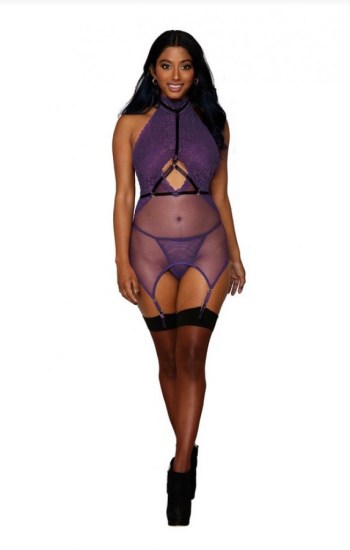 3pc Lace and Fishnet Garter Slip, Elastic Harness and G-String Set 3pc Lace and Fishnet Garter Slip, Elastic Harness and G-String Set