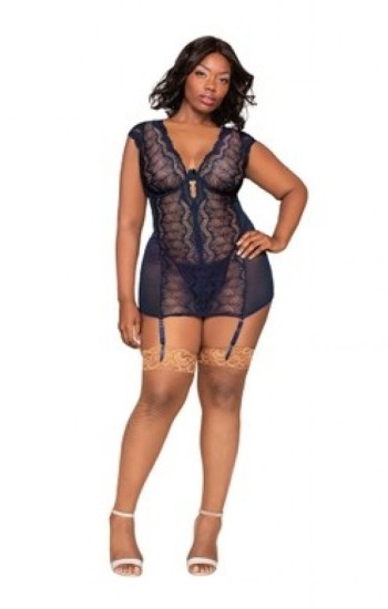 Lace & Mesh Garter Slip Set with Plunging Neckline Lace & Mesh Garter Slip Set with Plunging Neckline