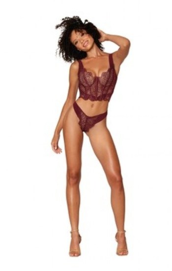 Geometric Venise Embroidery Cropped Bustier and Matching Thong Set Geometric Venise Embroidery Cropped Bustier and Matching Thong Set