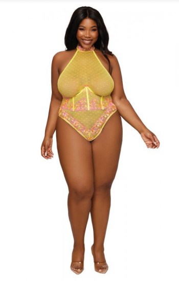 Embroidery and Dot Mesh Teddy and Open Cup Bustier Set Embroidery and Dot Mesh Teddy and Open Cup Bustier Set